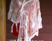 Cotton Nuno Felted Summer Poncho White Peach Swirls Handmade Fibre Art Nuno Felt Summer Clothing