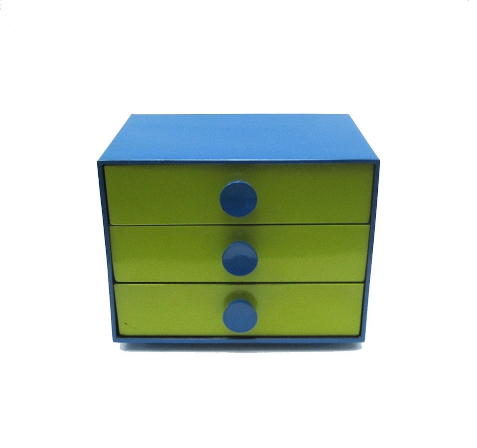 70s Mod Lacquer Ware Jewelry Box - Blue & Green Chest with Three Drawers