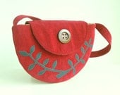 Corduroy Semi Circle Purse - Handmade Applique - Cherry Red - VEGAN