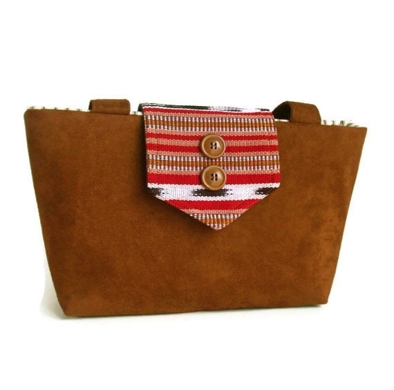 Wayfarer Purse - Ikat and Stripe Design - Chestnut Brown Faux Suede - VEGAN