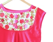 Organic Cotton Womens Jersey Pink and Red Color Block Apple Summer Dress with Sweet Vintage Floral Bib LARGE// by Nicoles Threads