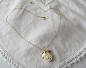 Vintage 1960's Gold Necklace with Ivory Carved Rose and Gold Leaves 12K Gold Filled