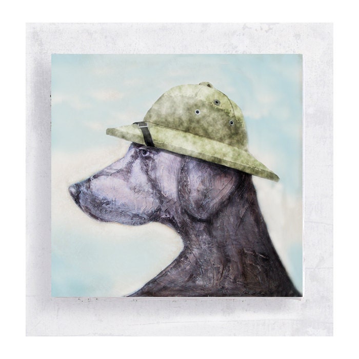 Weimaraner with Pith Helmut/ Safari Hat on 5x5 Canvas Print Block  - Crocodile Jake -  Animal Portrait -  Home Decor - Wall Art
