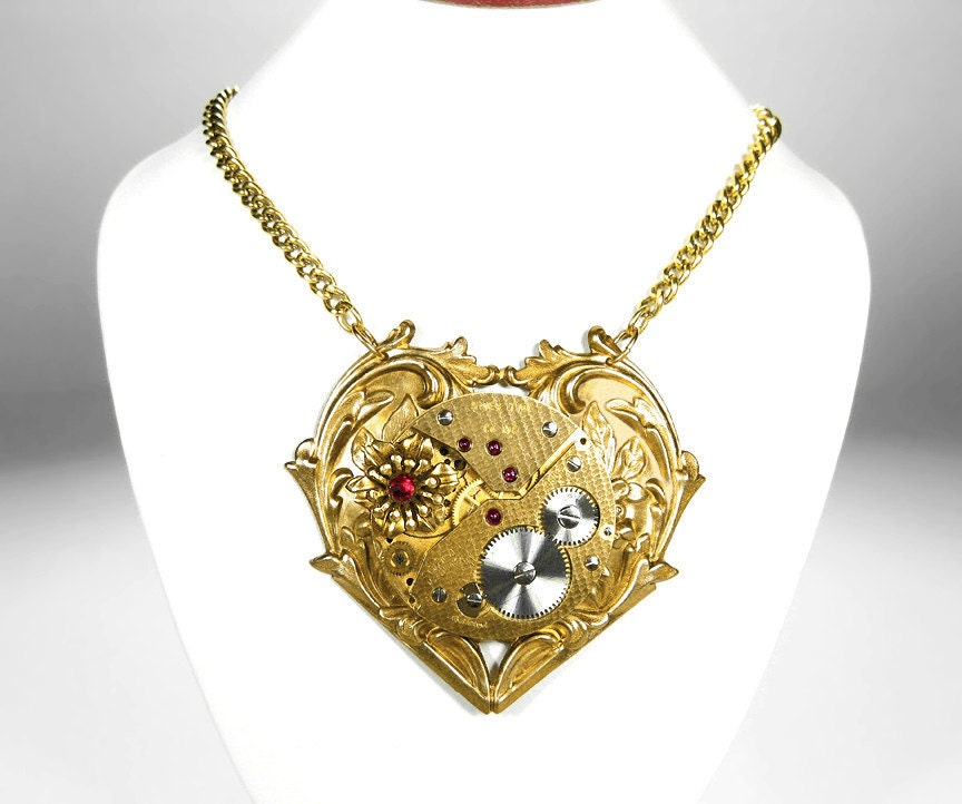 Steampunk Jewelry Necklace Vintage GOLD Pocket Watch HEART Rose Red Swarovski Wedding Anniversary BEAUTY - Steampunk Jewelry by edmdesigns