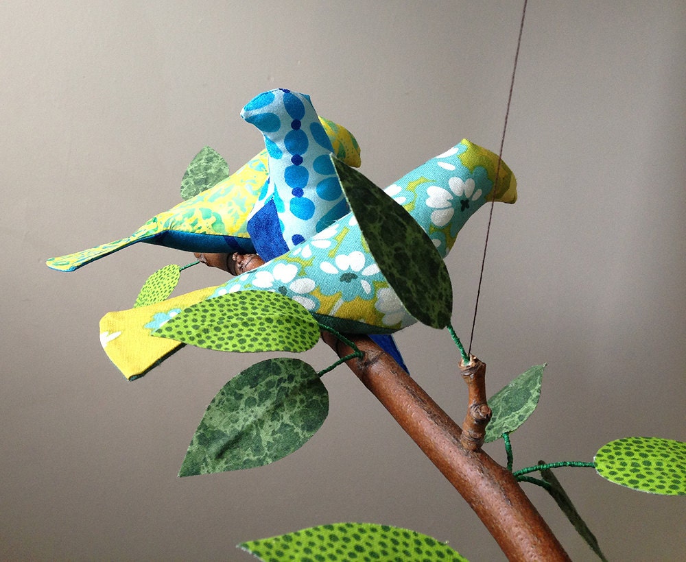 Colorful 7 Bird Mobile with Fabric Leaves on Natural Tree Branches in Green, Blue and Yellow