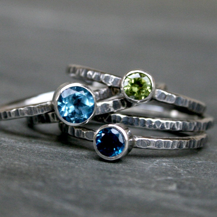 Island Colors Stacking Rings, Sterling Silver, London Blue Topaz, Swiss Blue Topaz, Peridot, Stackable Set of Five, Stack Band, Oxidized