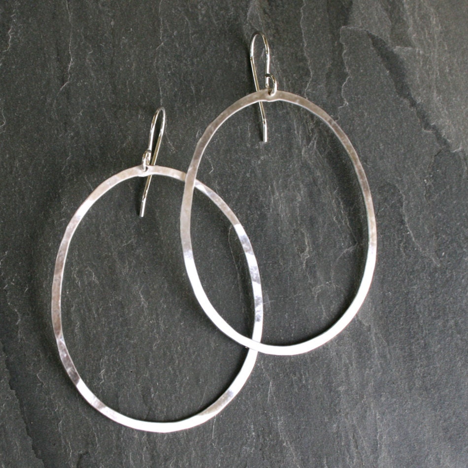 Oval Hoops Sterling Silver Earrings, Large Hoops, Sterling Silver Ear Wires, Dangle Hoops, Hand Formed and Hammered
