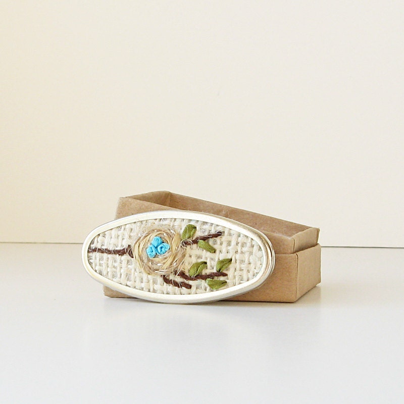 Bird's Nest Brooch silk ribbon embroidery on rustic burlap