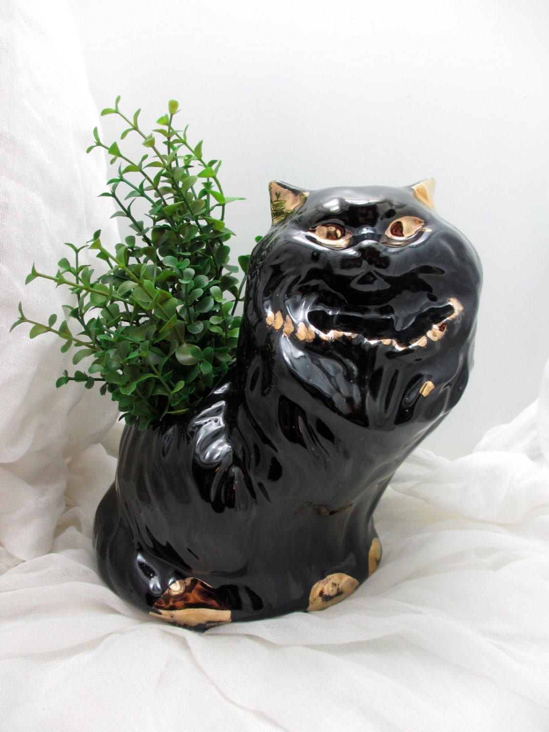 Large (awesome) vintage ceramic cat planter in black and gold