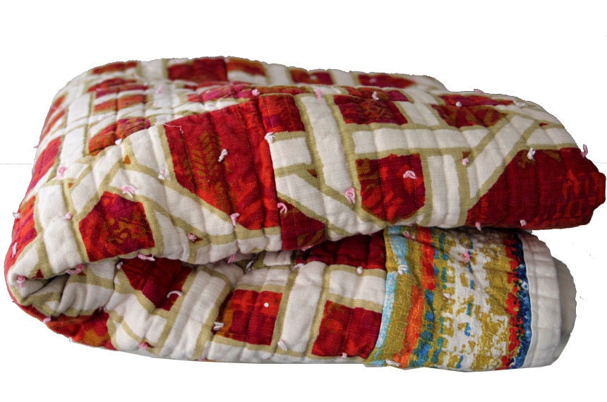 Vintage Red and Cream Hollywood Regency Trellis Pattern Quilt