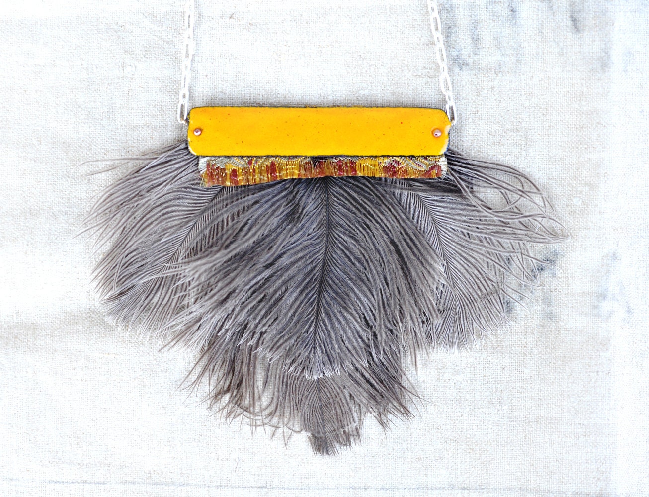 Statement Necklace - Handmade Enamel & Feather Jewelry - 'Aviary' Pendant