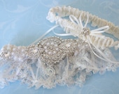 Exclusive to GarterLady's Shop Wedding Garter Set in Regal Beaded Lace with Pearl and Rhinestone Centering Trim