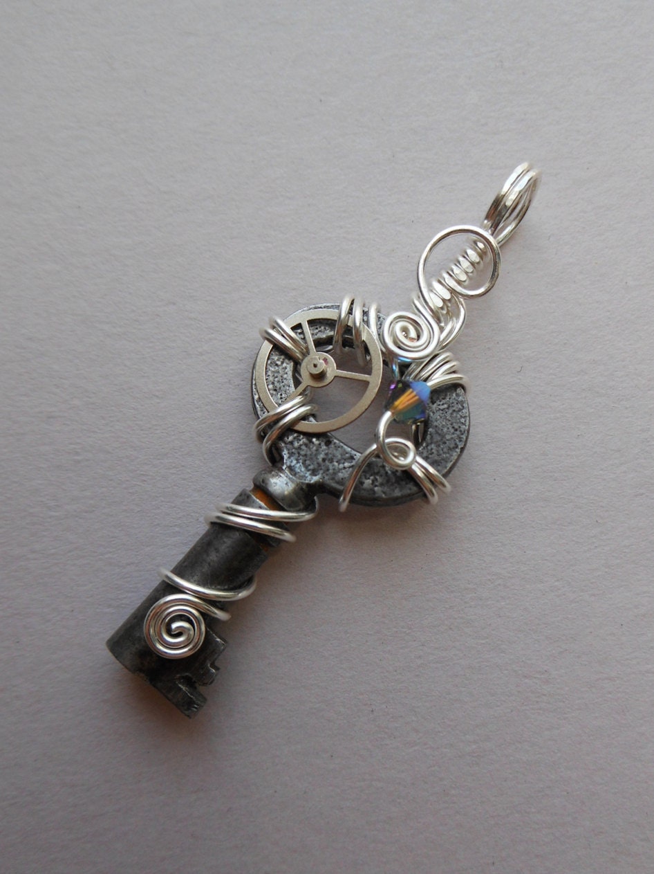 Silver Gear Key Pendant -- Small Steampunk Skeleton Key, Silver Wire, Shimmer Blue Swarovski Crystal (A Key to Time)