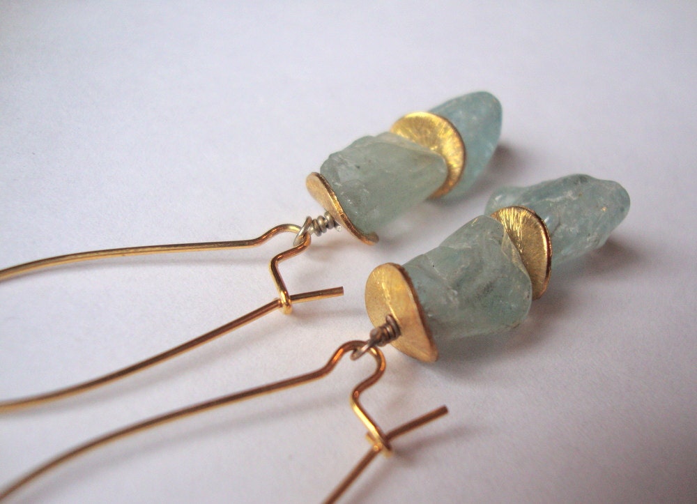Rough aquamarine and gold dangle earrings- ready to ship