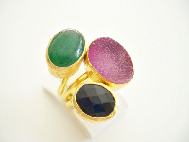 sale sale sale---------Triple Gold plated Green Chalchedony and Pink Druzy ring