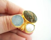 sale sale sale---------Triple Gold plated Jasper and Blue Druzy ring