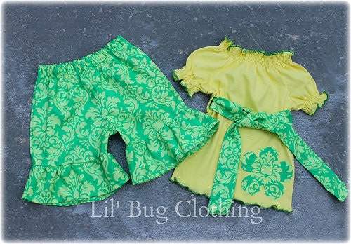 2T ONLY On SALE Now Custom Boutique Clothing Yellow Lime Summer Damask Knit Peasant Top And Short Outfit