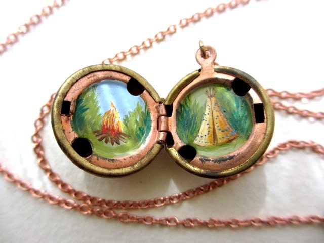 Camping Locket - Teepee and Campfire in the Great Outdoors, Miniature Painting, Forest Landscape