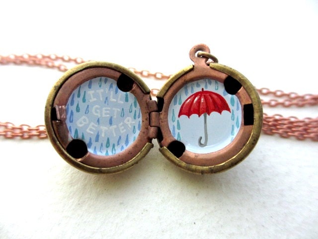 Rainy Day Locket - little bit of encouragement - Hand-painted in Oil in Vintage stock Brass locket