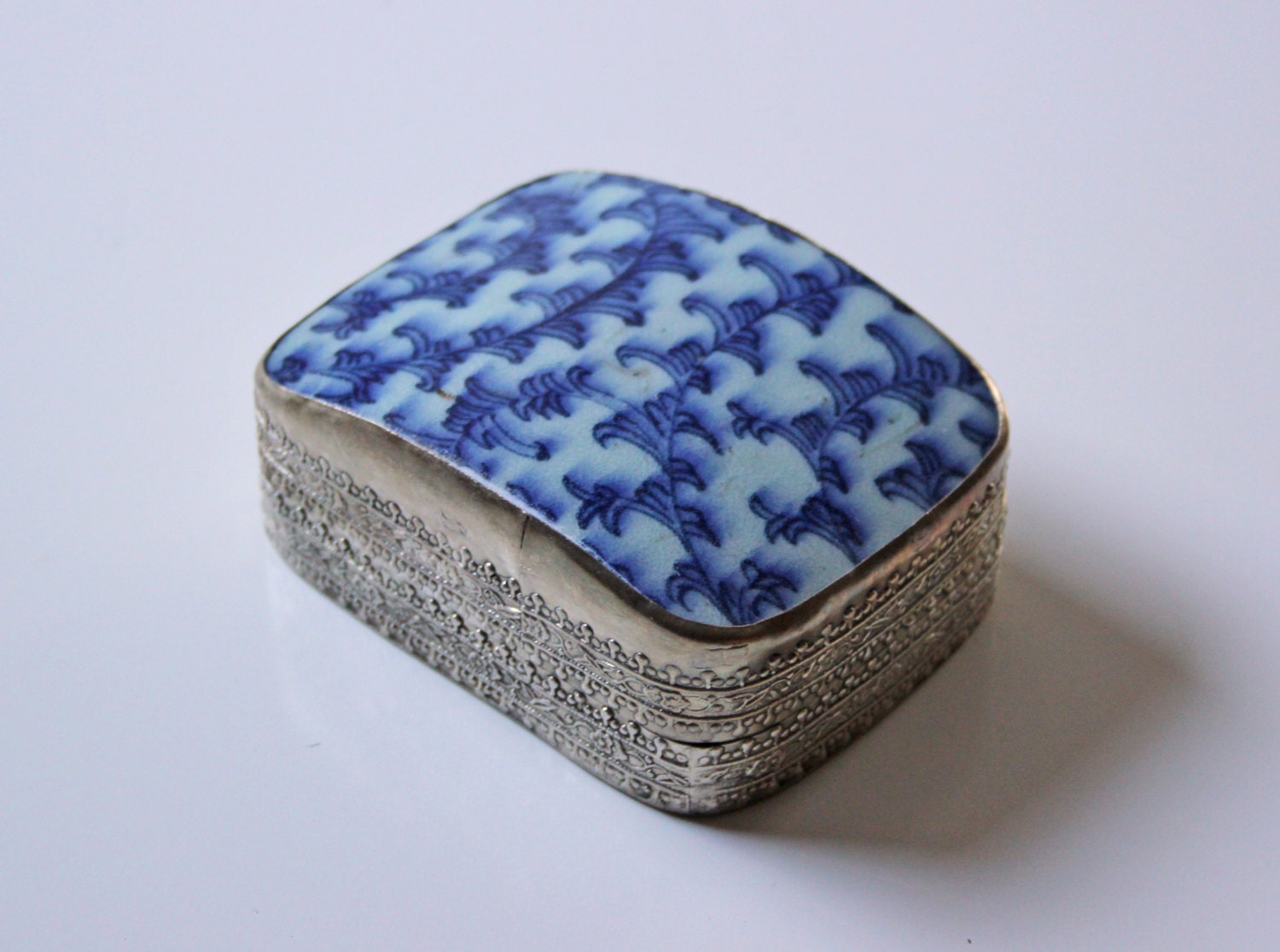 silver and porcelain trinket or vanity jewelry box I