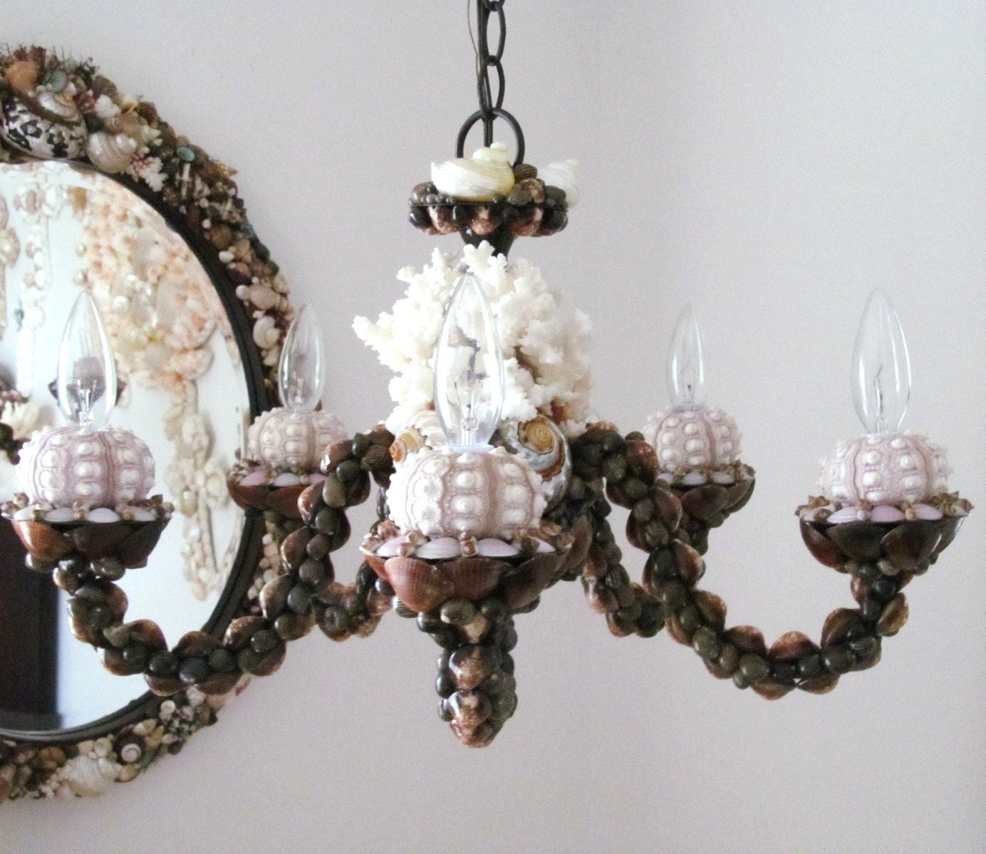 Chandelier Shell Lighting Coral and Sea Urchins Brown Lavender White
