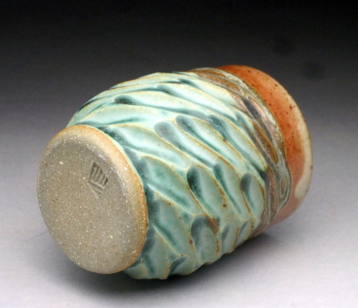 Carved Shino and Green Cup