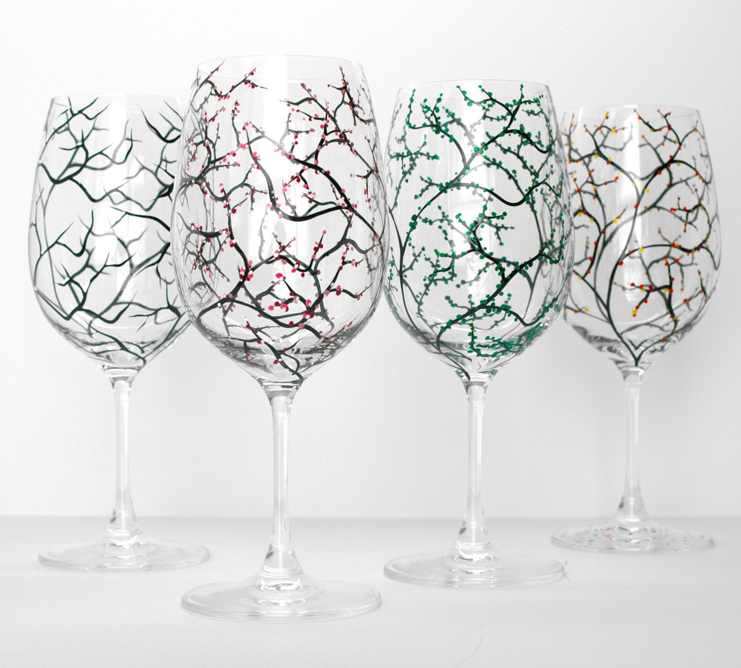 The Four Seasons Wine Glasses - 4 Piece Hand Painted Glassware Collection - Wedding Gift