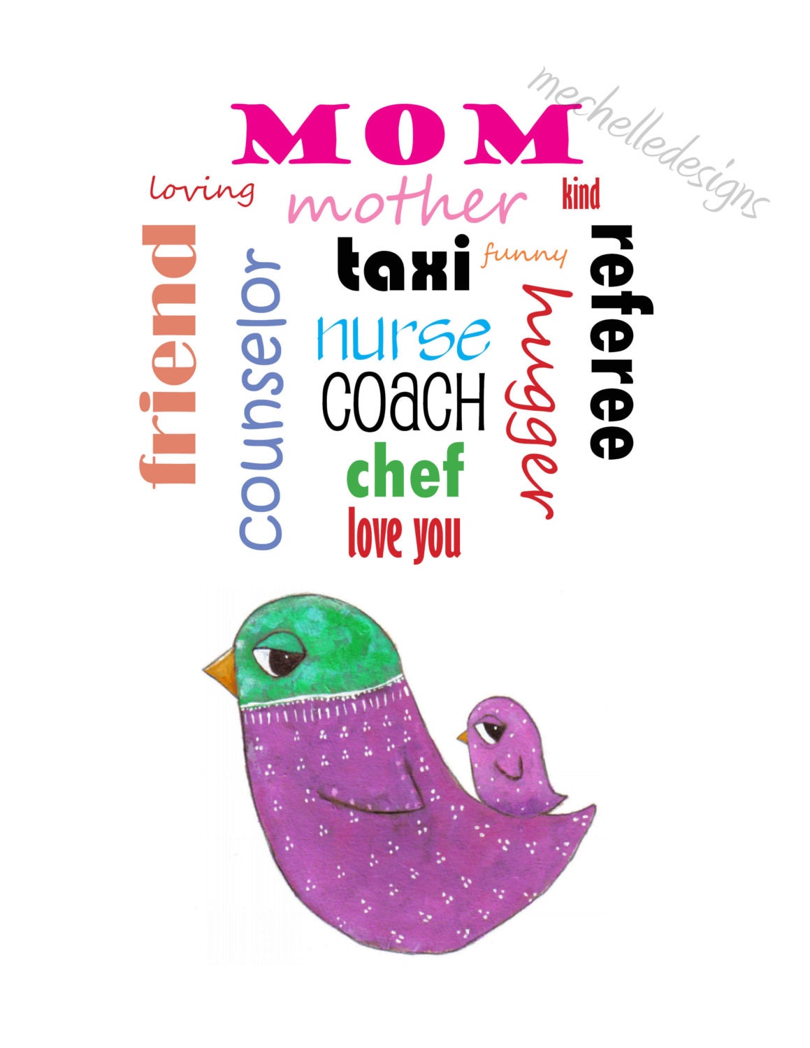 Mother Bird and Baby Print, 8.5 x 11 inch print, Inspirational Print, Mothers Day Print, Mother's Gift