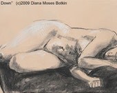 LYING DOWN-- 12x18 inch Charcoal and chalk drawing on cotton paper, unframed, by Diana Moses Botkin