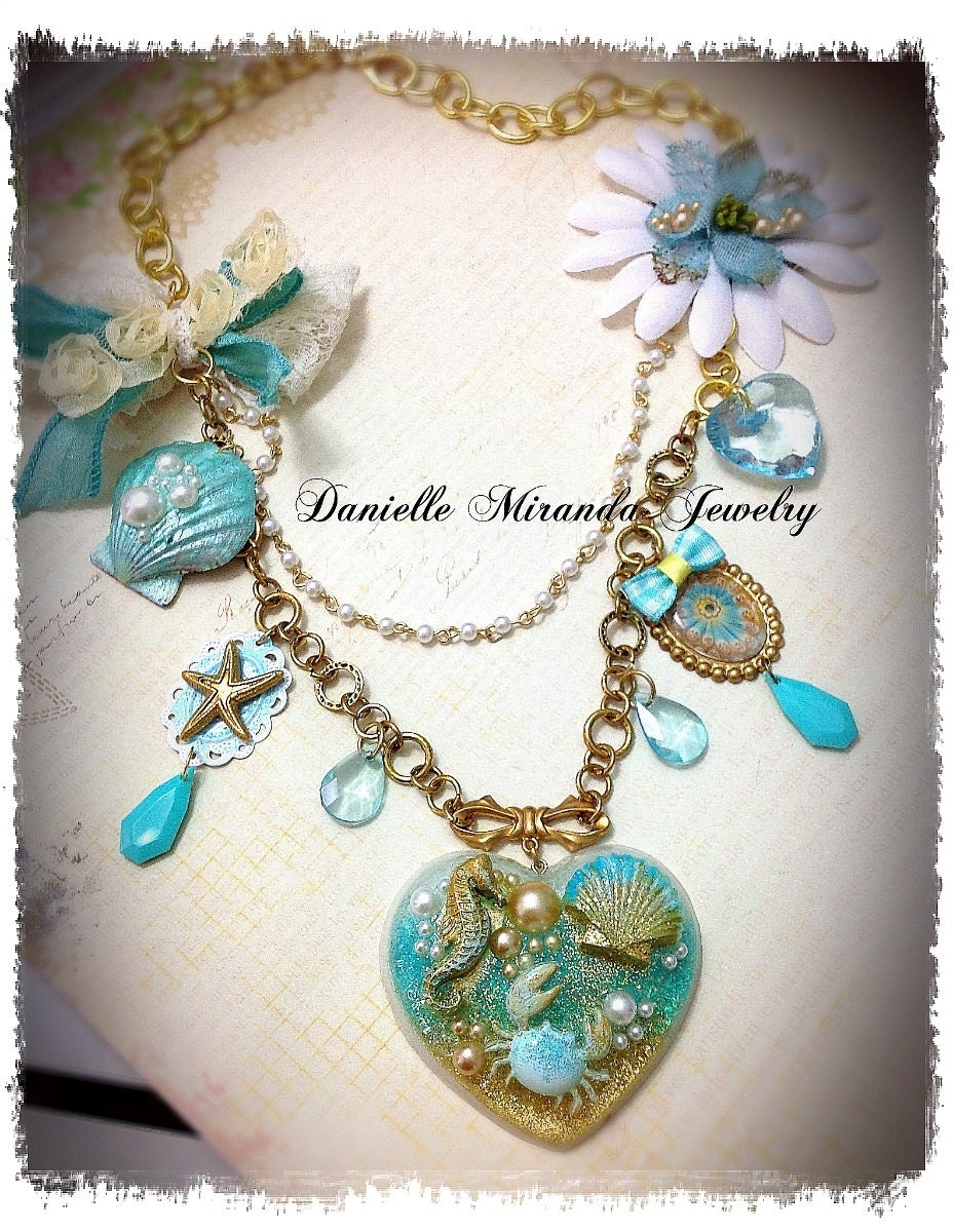 Heart of the Ocean Sea Creatures Sea Shells Sparkle Heart Kawaii Charm Necklace