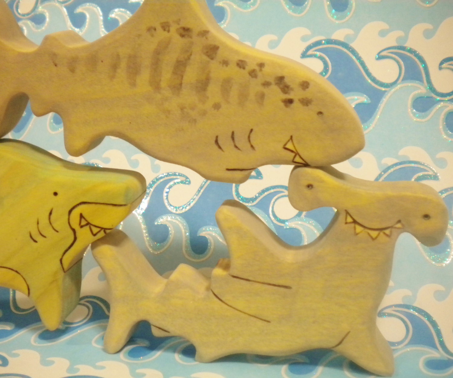 Waldorf Inspired Set 3 Shark Toys Hammerhead, Tiger and Great White Shark