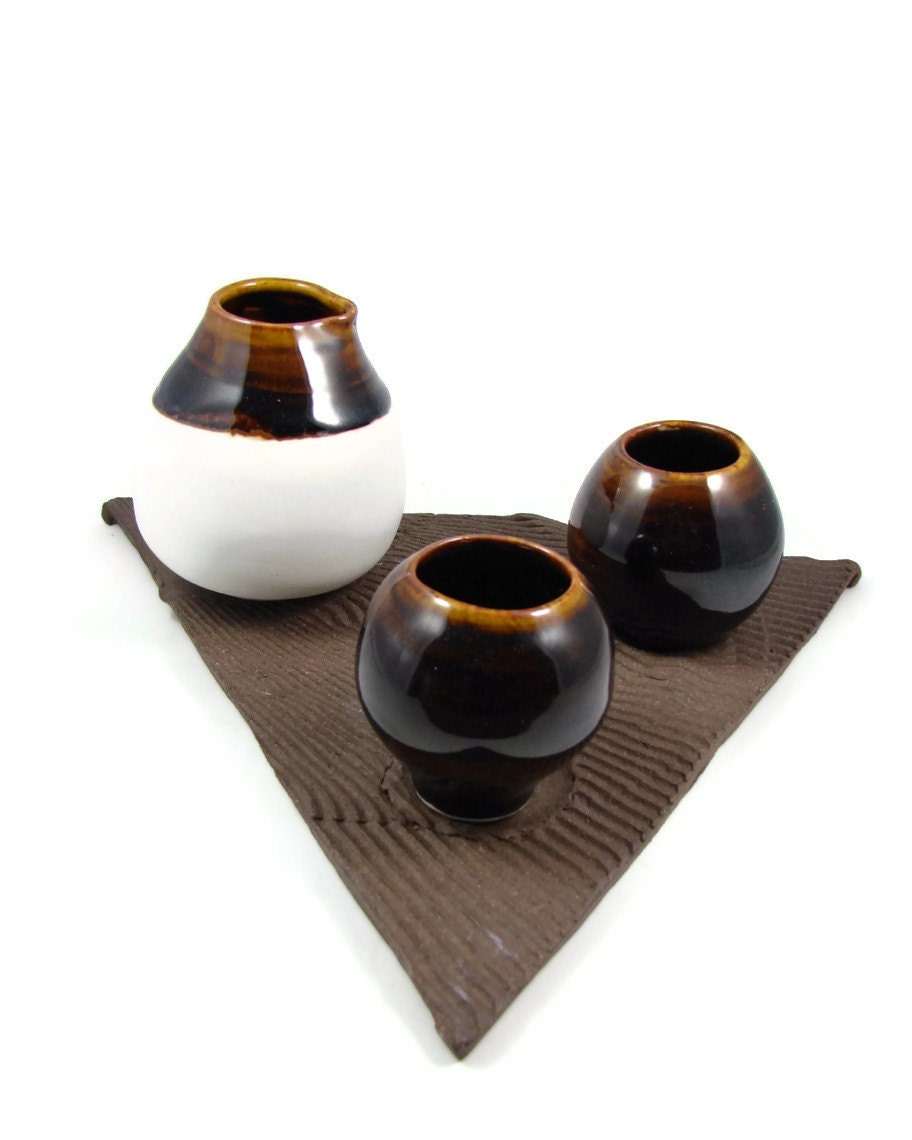 Sake Set - Porcelain and Black Mountain Clay - Ceramic Flask, Cups and Tray - Japanese Sake Server - Handmade Art Pottery - Ready to Ship