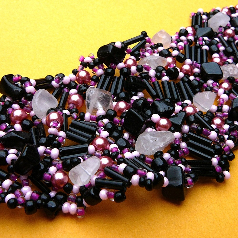 Bold Girl - Freeform Beadwoven Cuff in Pink and Black with Natural Rose Quartz and Onyx Stones