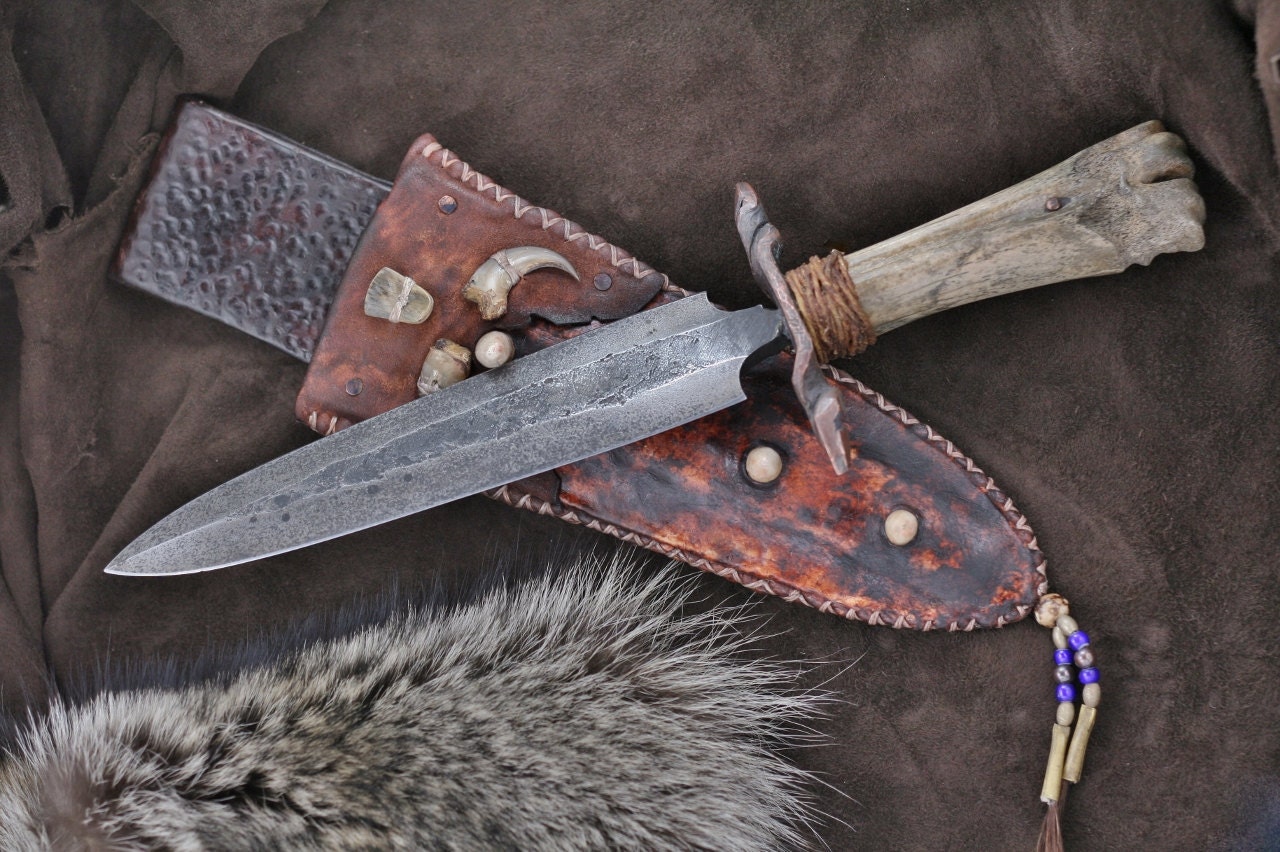 Custom Mountain Man double edged knife with prehistoric bison bone - theknife