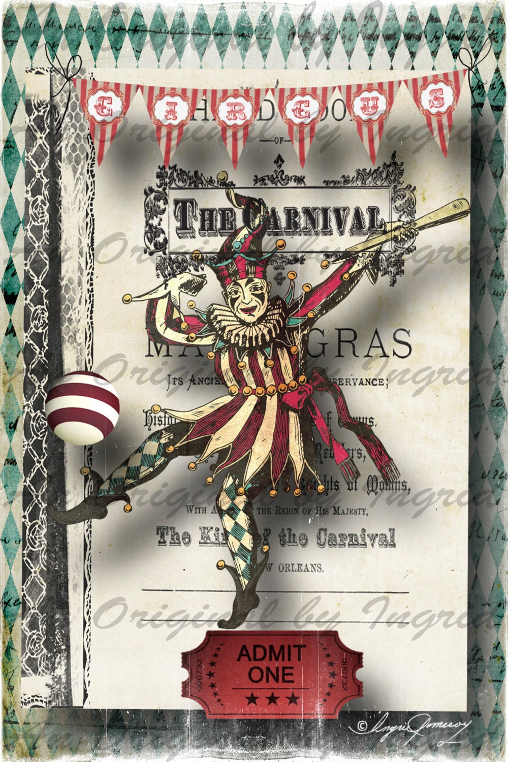 Mardi Gras Carnival Clown Digital Collage Greeting Card (Suitable for Framing)
