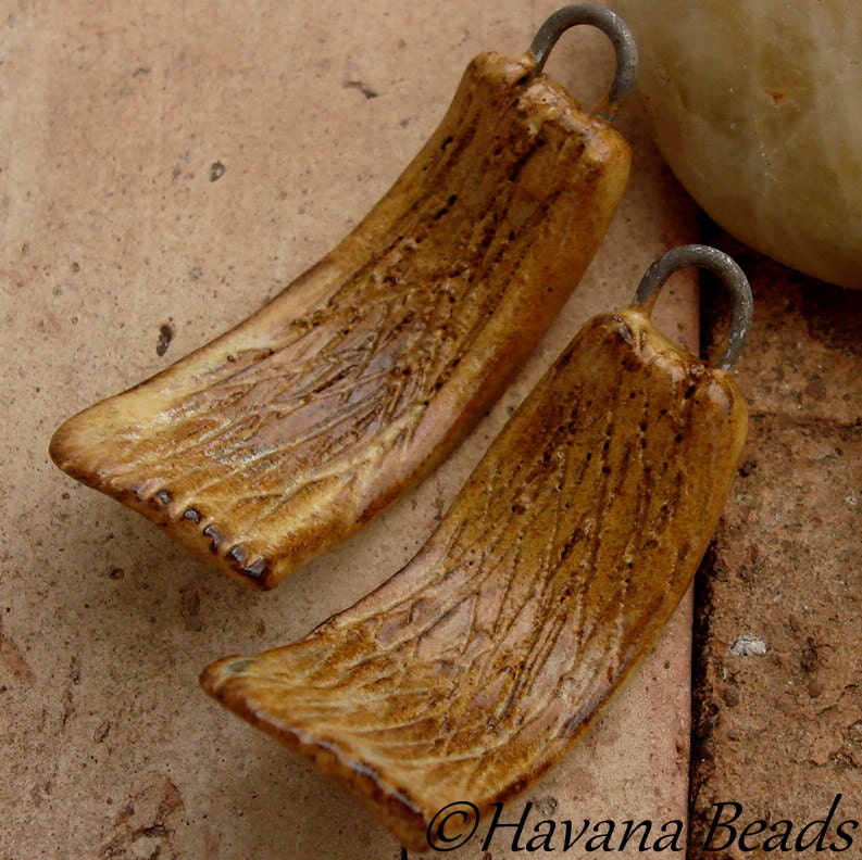 MEDIUM WOOD SHAVINGS - Handmade Ceramic Beads - 2 Beads