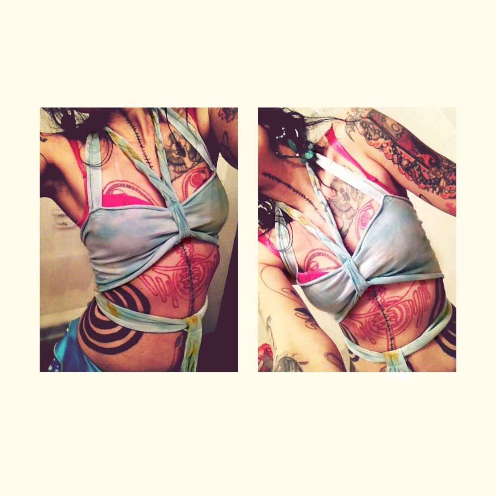 Mermaid Tank Top, Bohemian Bra, tie dye light water blue cotton Halter Upcycle, Crude Things Summer Festivals Fashion