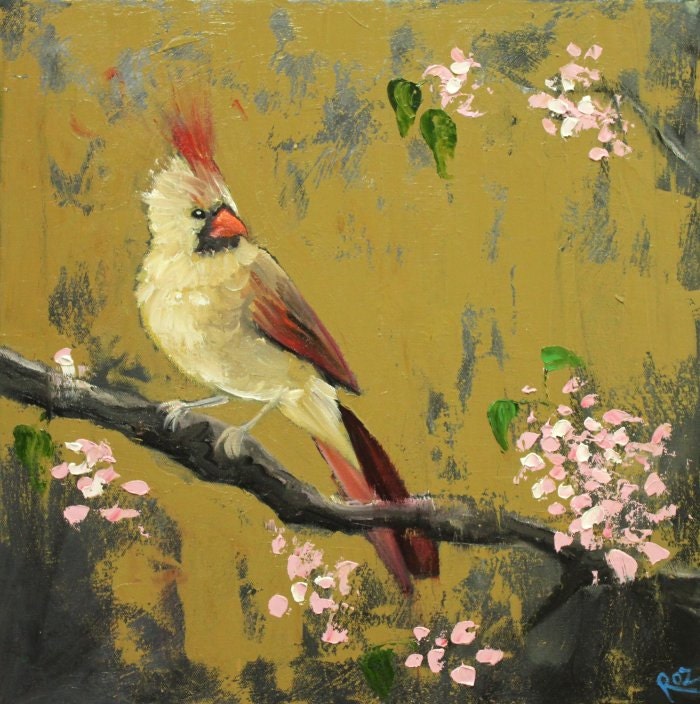 Cardinal 47 18x18 inch bird animal portrait original oil painting by Roz