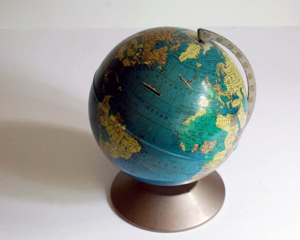 Vintage Tin Globe Rand McNally 6 Inch World Master 1950s Toy Globe
