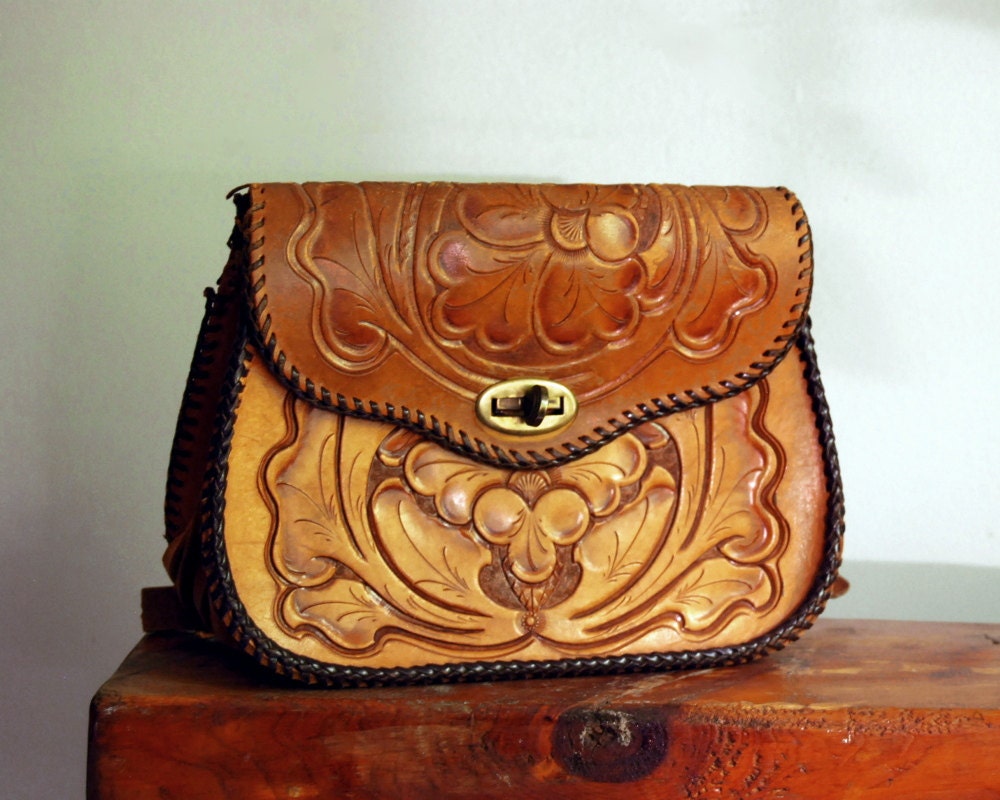 Vintage Tooled Leather Purse 1950s Handbag Western Accessories