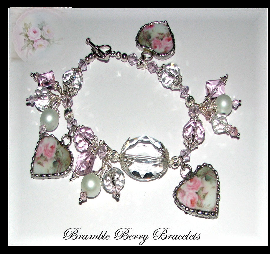 Broken China Charm Bracelet - Broken China Heart Bracelet - Recycled China Plate Bracelet