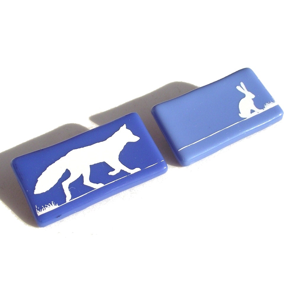 Fox Hare Brooch Blue Glass White Enamel