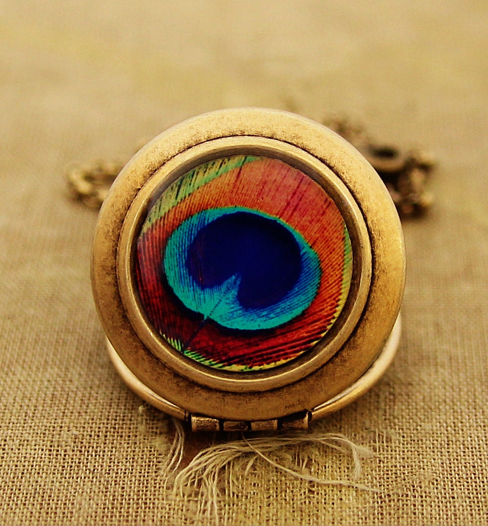 The Eye - Photo Locket Necklace - Colorful Peacock Feather