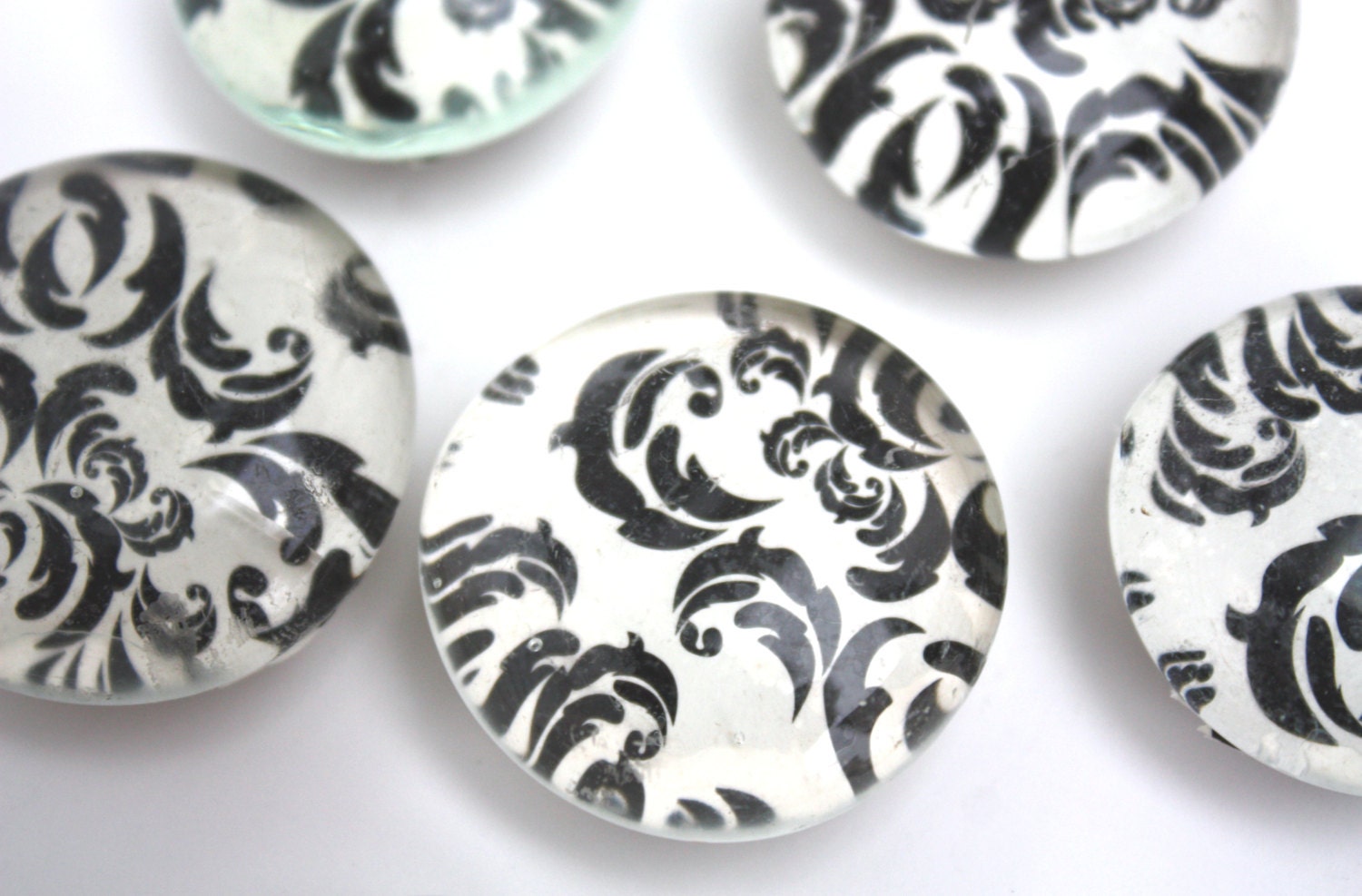 Black Damask and Ivory Set of 6 Glass Magnets