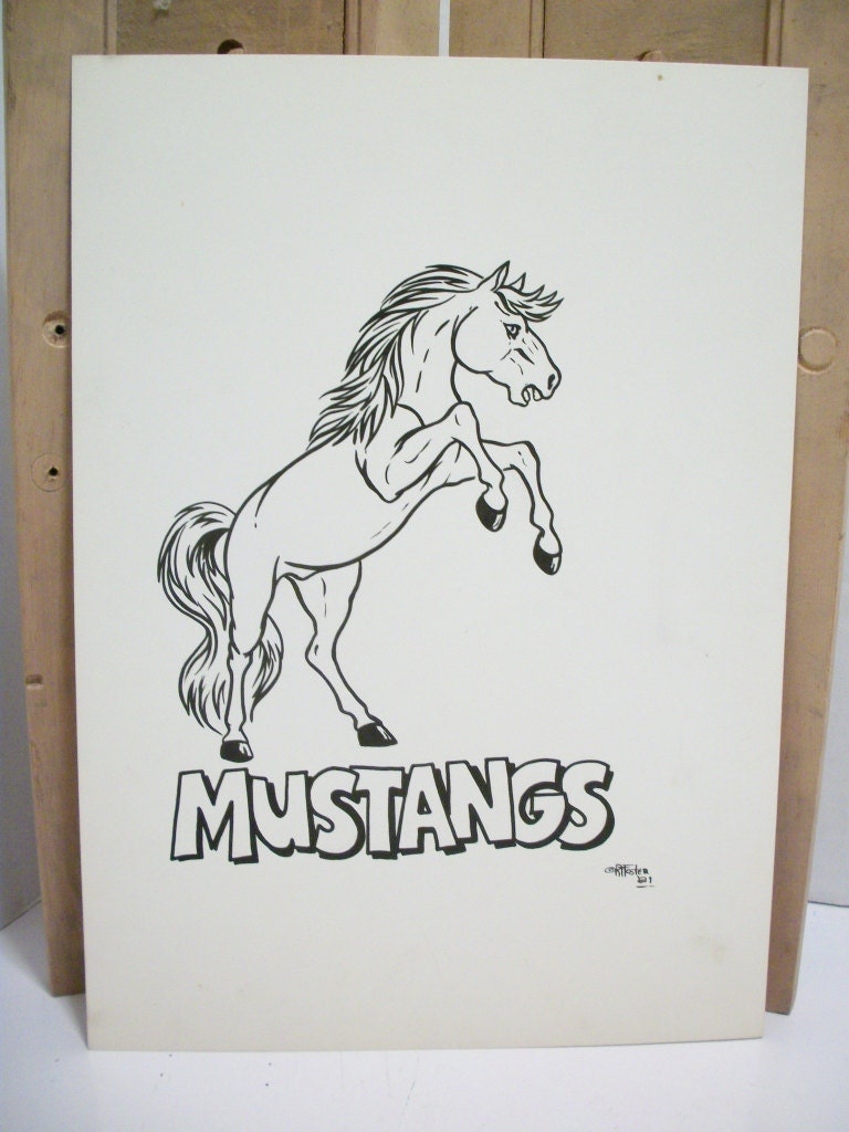 Mustang    Original Pen and Ink Drawing  Vintage Spirit Poster Design  Art for T-Shirts