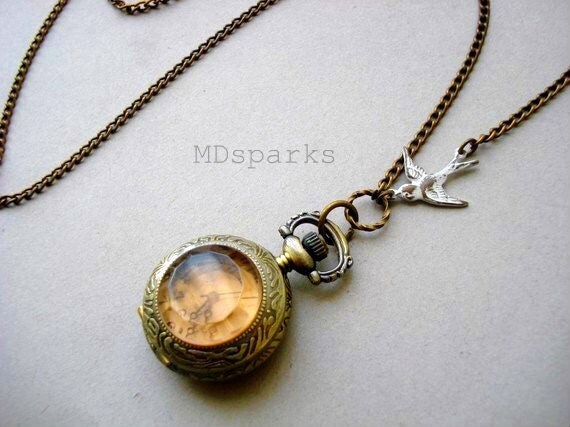 Pocket Watch Necklace with Citrine Glass