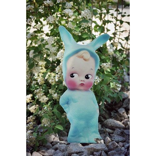 aqua bunny boy ornament big eye double sided paper hangie 10 inches tall RESERVED Custom Order