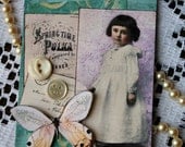 Aqua Mist Altered HANDMADE Collage Gift  Tag with sweet mother of pearl buttons