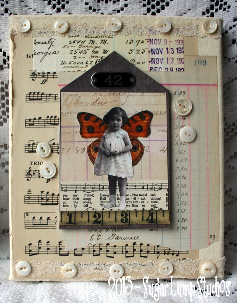 SWEET WINGS  8 x 10 inch Altered Mixed Media Art with collage images and mother of pearl buttons