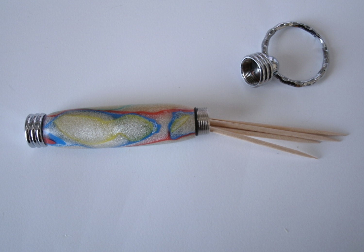 Multi Color Swirl Acrylic  Secret Compartment Toothpick/Needle/Pill Holder Keyring